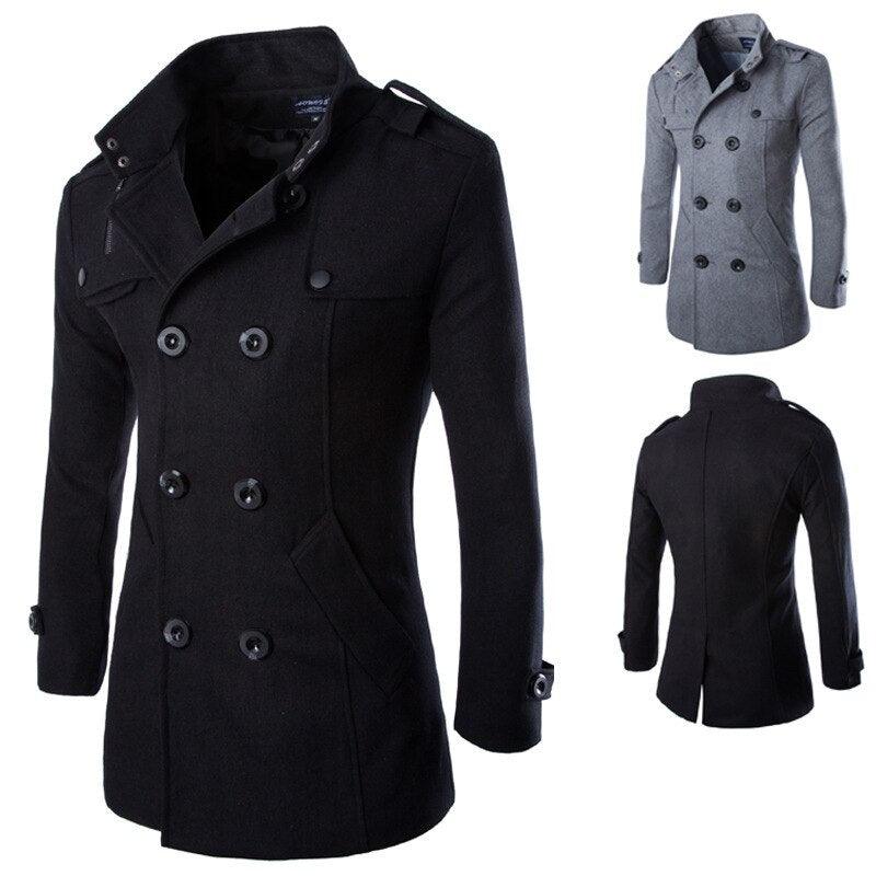 Men Windbreaker Coat - Black Grey Double-breasted Wool Overcoat - Formal Business Autumn Winter (D100)(TM4)(CC1) - Deals DejaVu