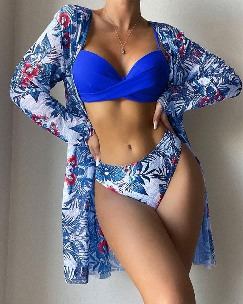 Great Floral Twist Low Waist Bikini Set - Cover Up Swimsuit For Women Push Up Long Sleeve Three Pieces Swimwear - Beach Bathing Suits (TB8D)(1U26)(F26) - Deals DejaVu