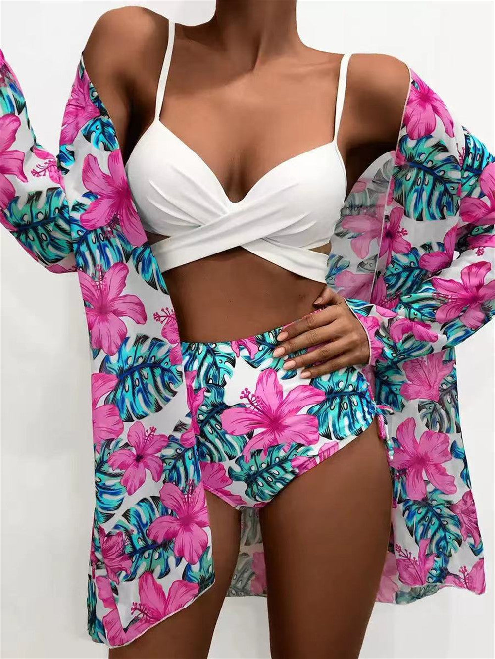 Trending New Three Pieces Bikinis Set - Cover Up Women Floral Print Push Up Swimsuit - Long Sleeve Twist Swimwear Bathing Suit (TB8D)(1U26)(F26) - Deals DejaVu