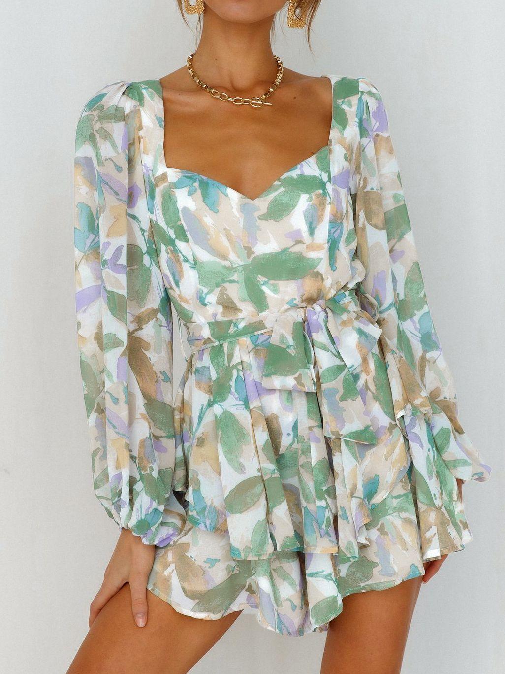 Trending Holiday sash long sleeve ruffle print romper - summer women Lace up floral short overall A-line v-neck beach rompers (BWD)(WS06)(F30)(2U30) - Deals DejaVu