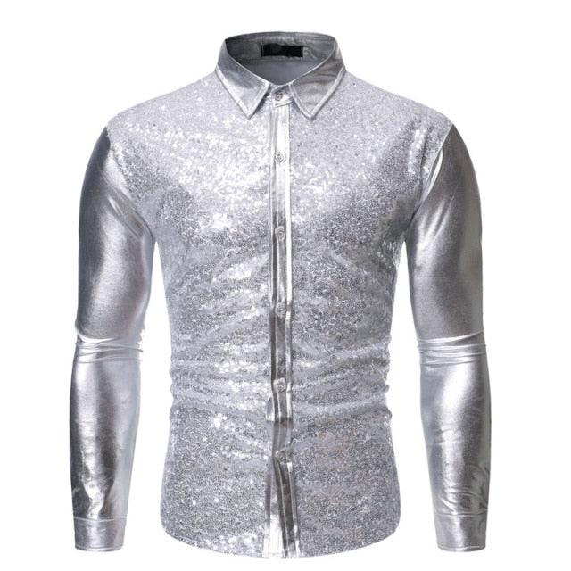 Trending Sequin Glitter Dress Shirt - Men Shiny Long Sleeve Disco Party Dance Shirt (D8)(TM1)