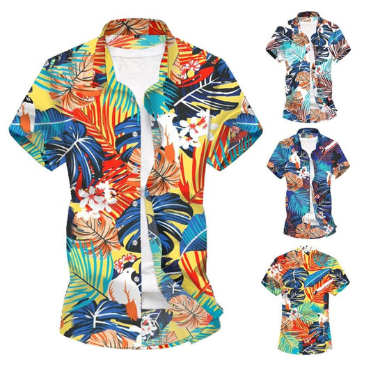 Short Sleeve Shirts - Men Leaf Printed Top Summer Hawaiian Shirt - Pullovers Male Casual Beach Shirts (2U8)
