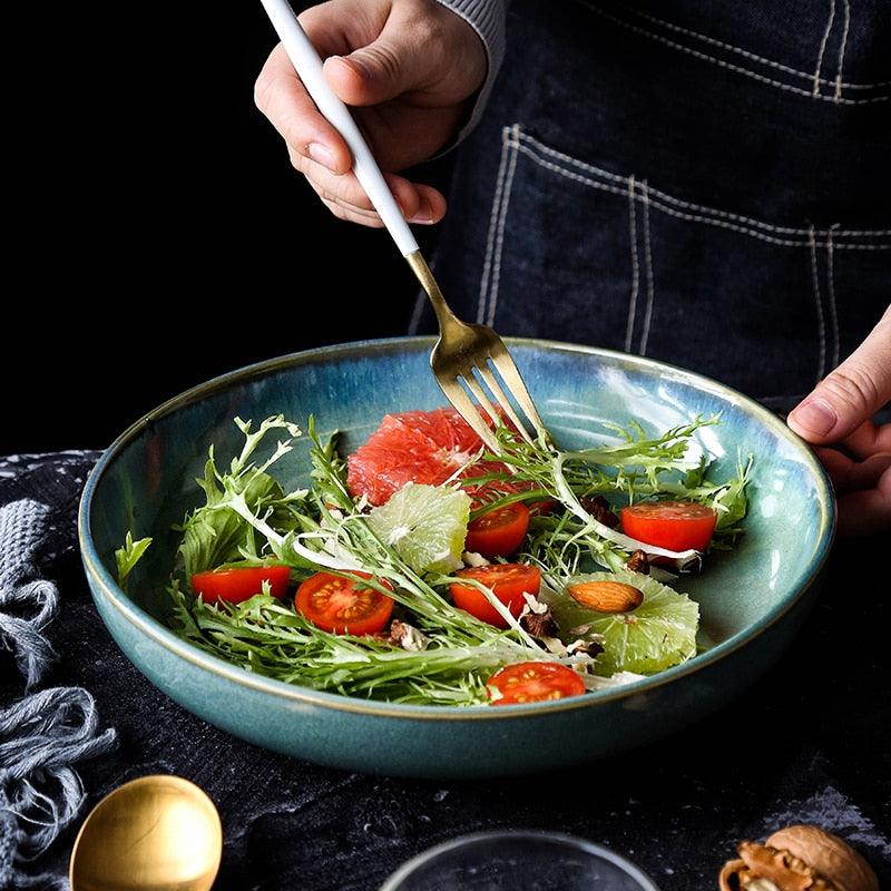 Ceramic Underglaze Dark Round Flat Plates Western Steak Kitchen Environmental Protection Japanese Style Tableware (AK7)