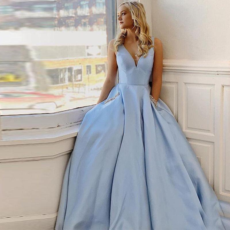 Nice V-Neck Light Sky Blue Prom Dresses - With Pockets - Special Occas Deals DejaVu Nice V-Neck Light Sky Blue Prom Dresses - With Pockets - Special Occas Deals DejaVu