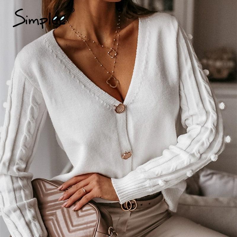 Sexy v-neck knitted Women's Cardigan Sweater - Casual Solid Long Sleeve Sweater - Elegant Autumn Ladies Tops (TB8C)