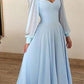 Gorgeous Sky Blue Evening Dresses - Chiffon Long Sleeves - With Feather Flower A-line Prom Gown (WSO3)(WSO5)(WSO4)