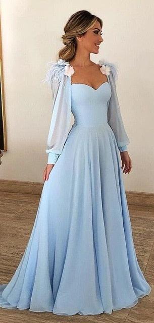 Gorgeous Sky Blue Evening Dresses - Chiffon Long Sleeves - With Feather Flower A-line Prom Gown (WSO3)(WSO5)(WSO4)