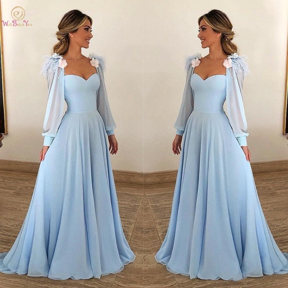 Gorgeous Sky Blue Evening Dresses - Chiffon Long Sleeves - With Feather Flower A-line Prom Gown (WSO3)(WSO5)(WSO4)