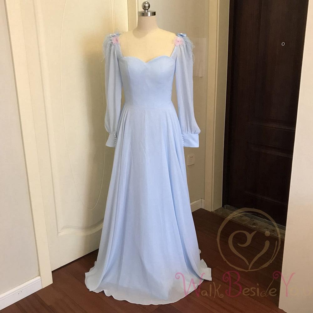 Gorgeous Sky Blue Evening Dresses - Chiffon Long Sleeves - With Feather Flower A-line Prom Gown (WSO3)(WSO5)(WSO4)