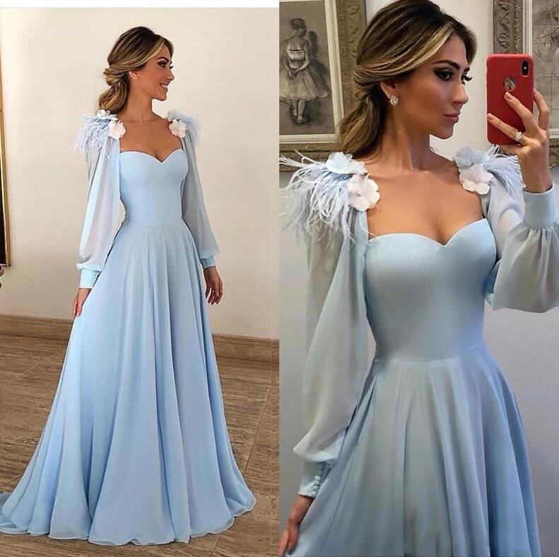 Gorgeous Sky Blue Evening Dresses - Chiffon Long Sleeves - With Feather Flower A-line Prom Gown (WSO3)(WSO5)(WSO4)