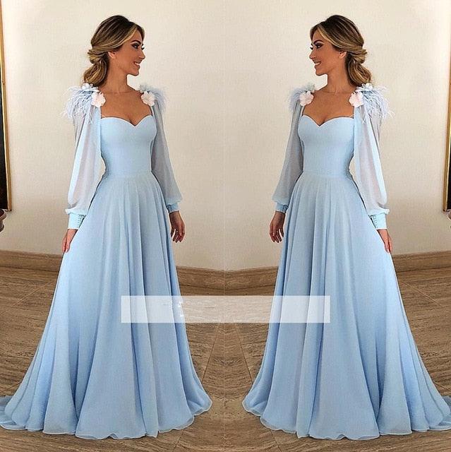 Gorgeous Sky Blue Evening Dresses - Chiffon Long Sleeves - With Feather Flower A-line Prom Gown (WSO3)(WSO5)(WSO4)