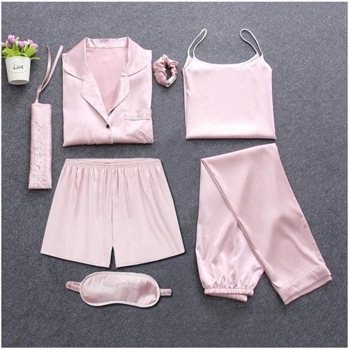 Beautiful Women's Sleepwear 2 & 7 Pieces Pajama Set - Spring Summer Sexy Silk Pajamas Sets (ZP1)(F90)