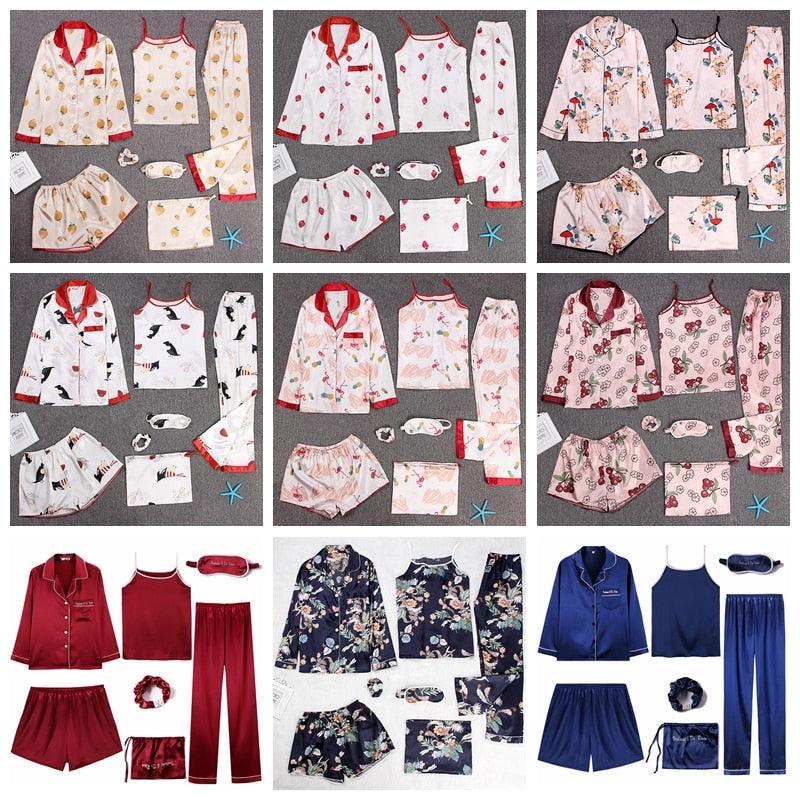 Beautiful Women's Sleepwear 2 & 7 Pieces Pajama Set - Spring Summer Sexy Silk Pajamas Sets (ZP1)(F90)
