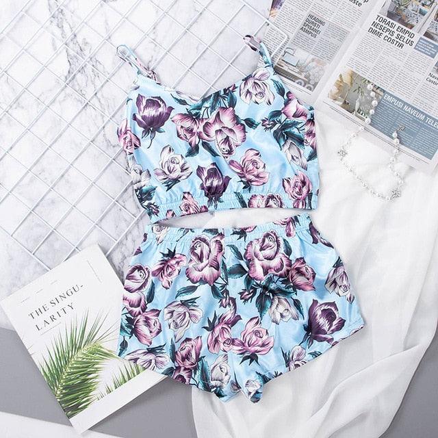 Gorgeous Sleeveless Purple Rose Print Pajamas Set -Sexy Women Sleepwear Set - Summer Top And Shorts (ZP1)