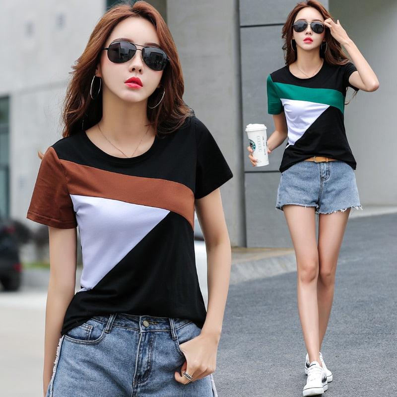 Slim Summer Tops - New Fashion Women Short Shirt - Stitching Round Neck Short Sleeve Women Tops and Blouse (D19)(TB2)