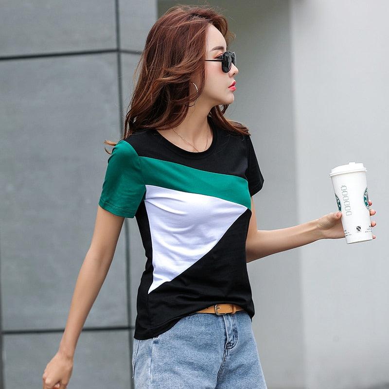 Slim Summer Tops - New Fashion Women Short Shirt - Stitching Round Neck Short Sleeve Women Tops and Blouse (D19)(TB2)