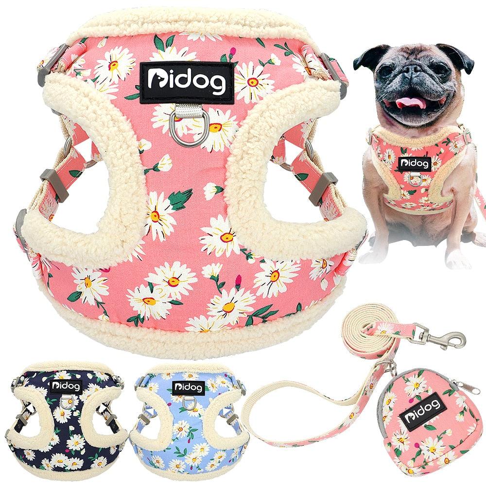 Soft Padded Pet Dog Harness Clothes - Printed No Pull Chihuahua Puppy Cat Harness Vest Leash (3W1)