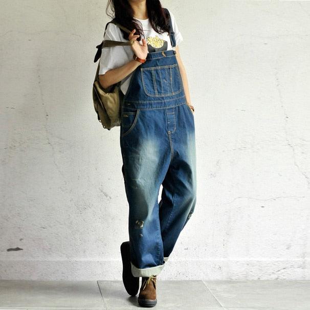 Great Women's Casual Overalls - Lady Oversized Hole Ripped Baggy Strap Jeans (TBL1)