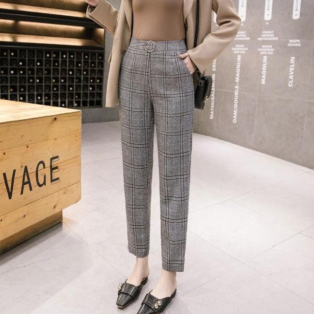 Spring Autumn High Waist Women Plaid Pants - Ankle Length Pants - Loose Casual Pants - Women Trousers (D25)(BP)