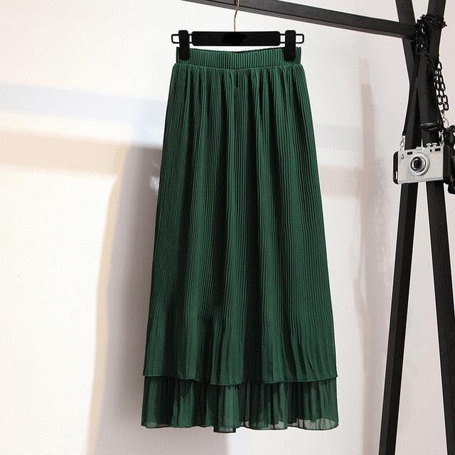 Spring Women Chiffon Skirt - Vintage Double Ruffle A line Long Skirts - Elegant High Waist Pleated Skirts (2U22)