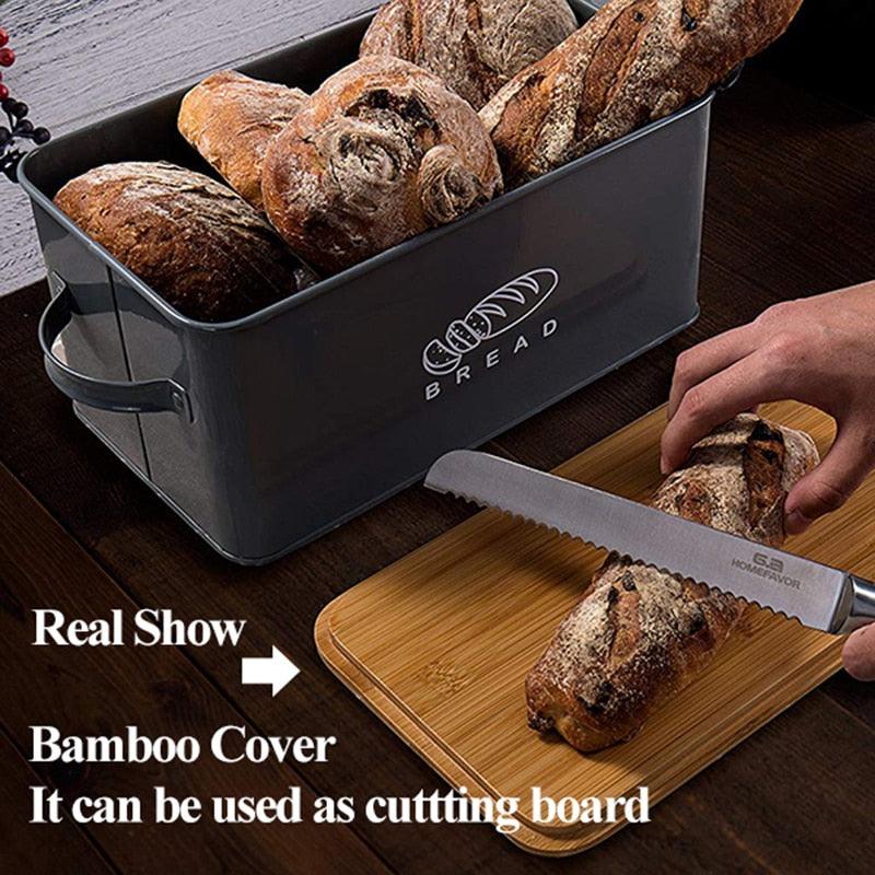 Storage Box With Bamboo Cutting Board Lid Bread Box Metal Galvanized Organization (AK9)(1U61)