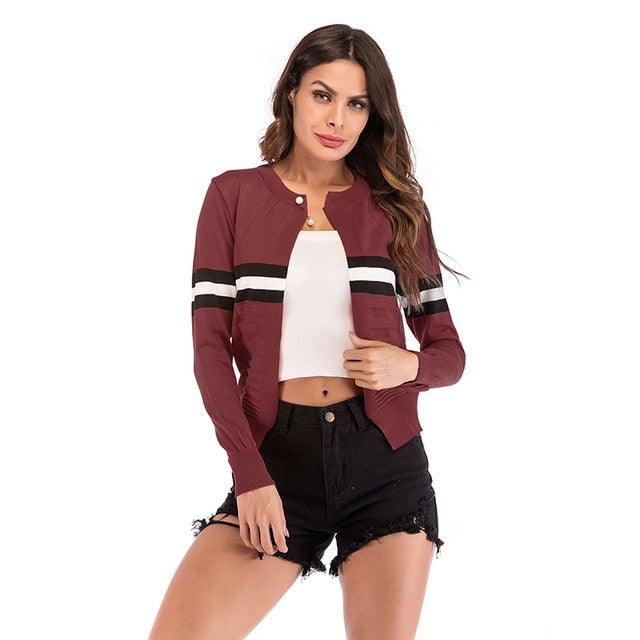 Striped Printed Pearl Buckle Cardigan Sweater - Women Long Sleeve Spring Autumn Casual Knitted Sweater (1U23)
