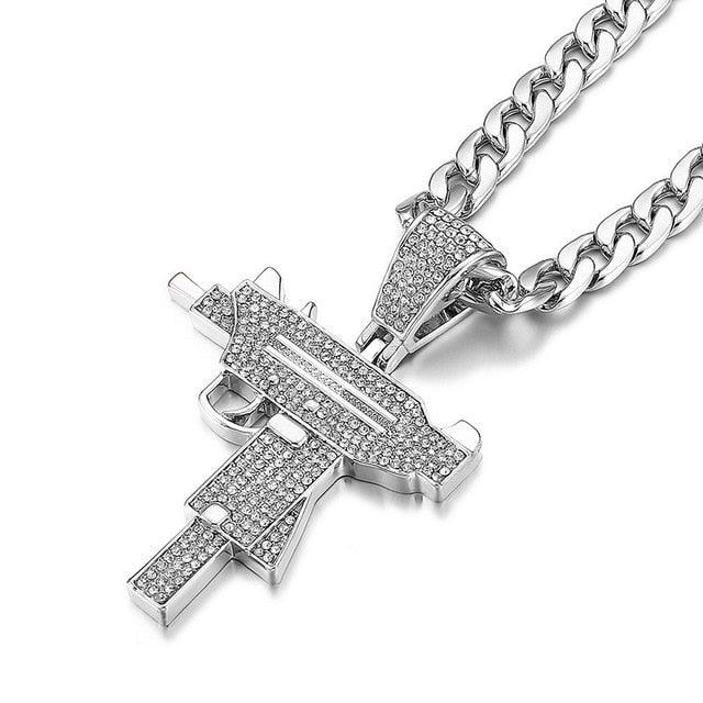 Submachine Fashion Gun Pattern Necklace Gold Color Stainless Steel Cool Fashion Military Pendant & Chain For Men (MJ2)