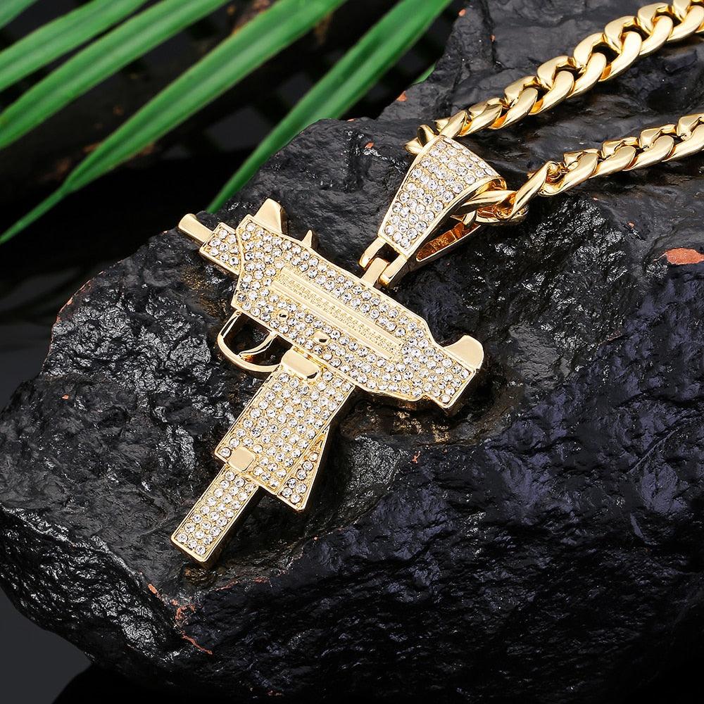 Submachine Fashion Gun Pattern Necklace Gold Color Stainless Steel Cool Fashion Military Pendant & Chain For Men (MJ2)