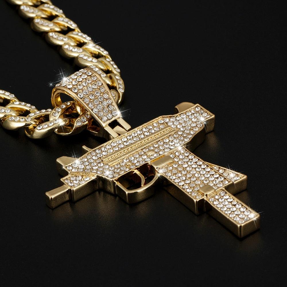 Submachine Fashion Gun Pattern Necklace Gold Color Stainless Steel Cool Fashion Military Pendant & Chain For Men (MJ2)