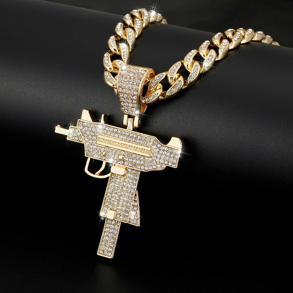 Submachine Fashion Gun Pattern Necklace Gold Color Stainless Steel Cool Fashion Military Pendant & Chain For Men (MJ2)