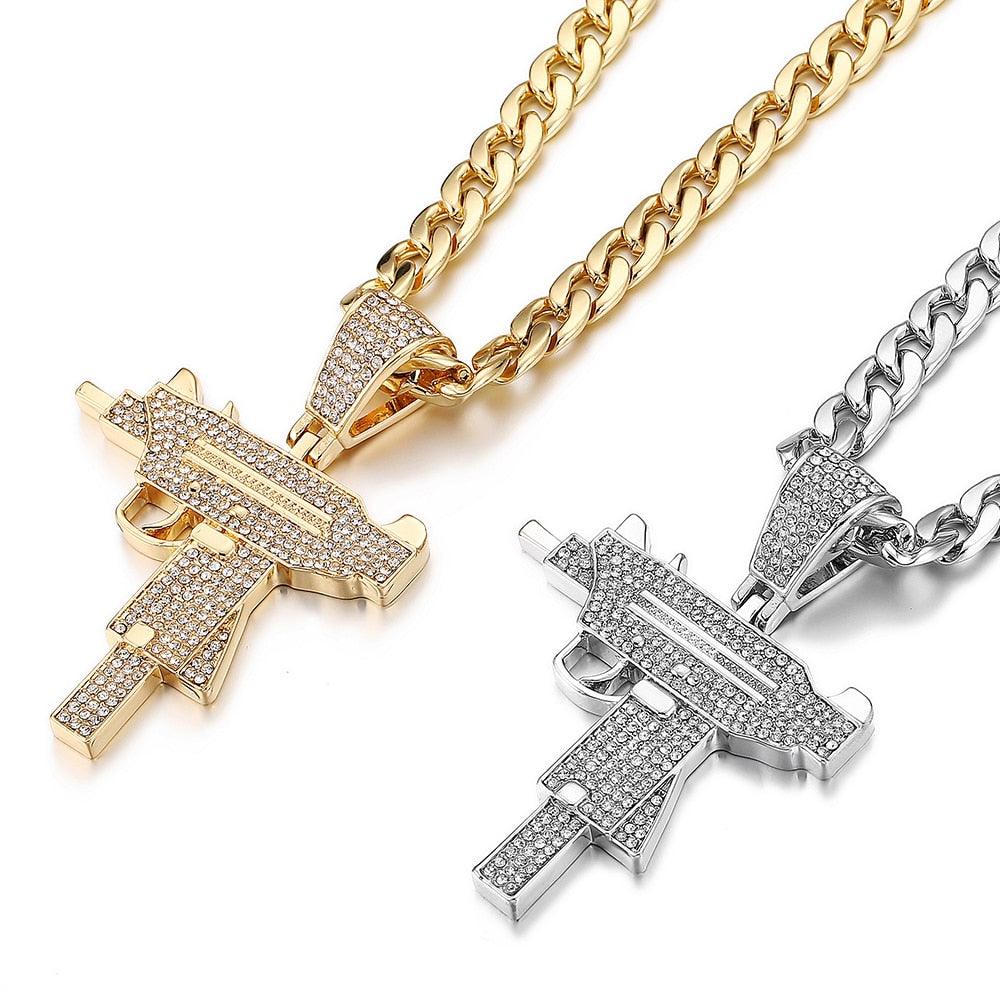 Submachine Fashion Gun Pattern Necklace Gold Color Stainless Steel Cool Fashion Military Pendant & Chain For Men (MJ2)