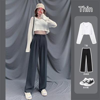 Women Suit Pants Straight Formal High Waist, Wide Leg Pants - Plus Size Office Trousers (BP)
