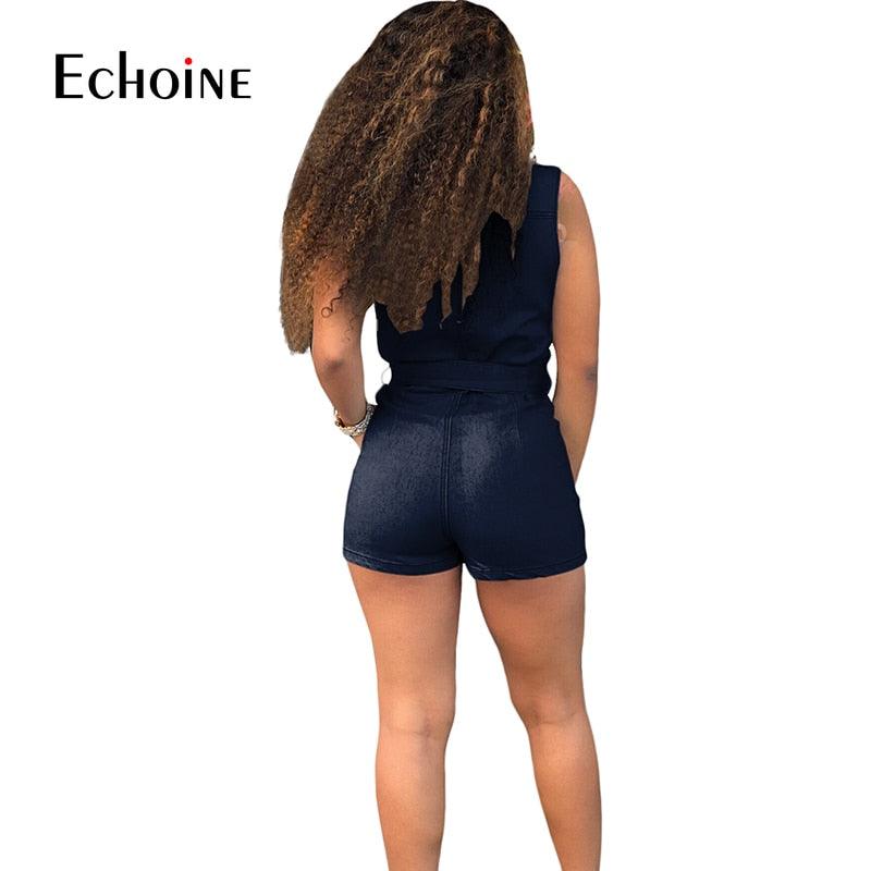 Trending Summer Casual Shorts Jeans Jumpsuit - Women Buttons Sleeveless V Neck Romper Overalls (2U33)