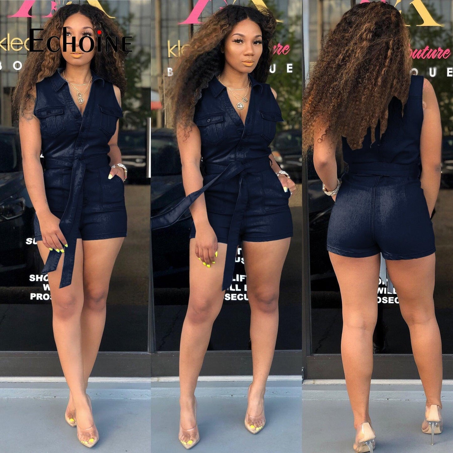Trending Summer Casual Shorts Jeans Jumpsuit - Women Buttons Sleeveless V Neck Romper Overalls (2U33)