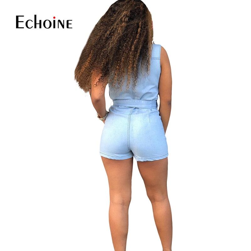 Trending Summer Casual Shorts Jeans Jumpsuit - Women Buttons Sleeveless V Neck Romper Overalls (2U33)