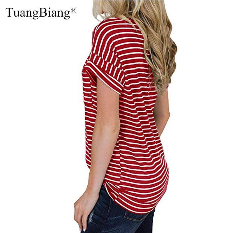 Summer Casual Women Striped T Shirts - Femme Short Sleeve Pockets Autumn Tops - Ladies V-Neck - Plus Size (D19)(TB2)