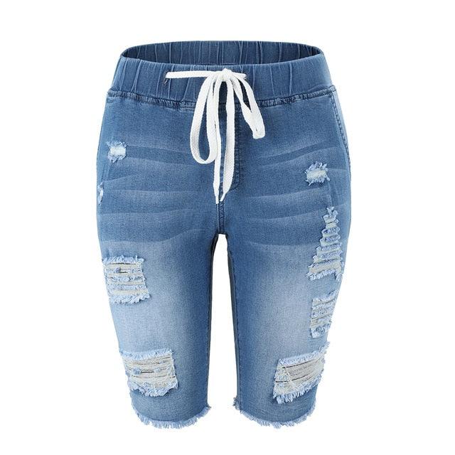 Summer Denim Ripped Women's Shorts - Closure Distressed Knee Length Stretch Short Jeans (TBL2)(BCD3)