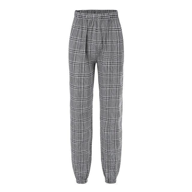 Great Summer Elastic High Waist Plaid Women's Pants - Streetwear Casual Office Loose Pants - Fashion Trousers (1U25)