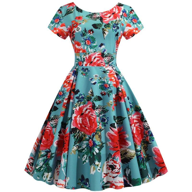 Summer Floral Print Elegant A-line Party Dress - Women Slim White Short Sleeve Swing Clothes - Plus Size Robe (D30)(BWM)