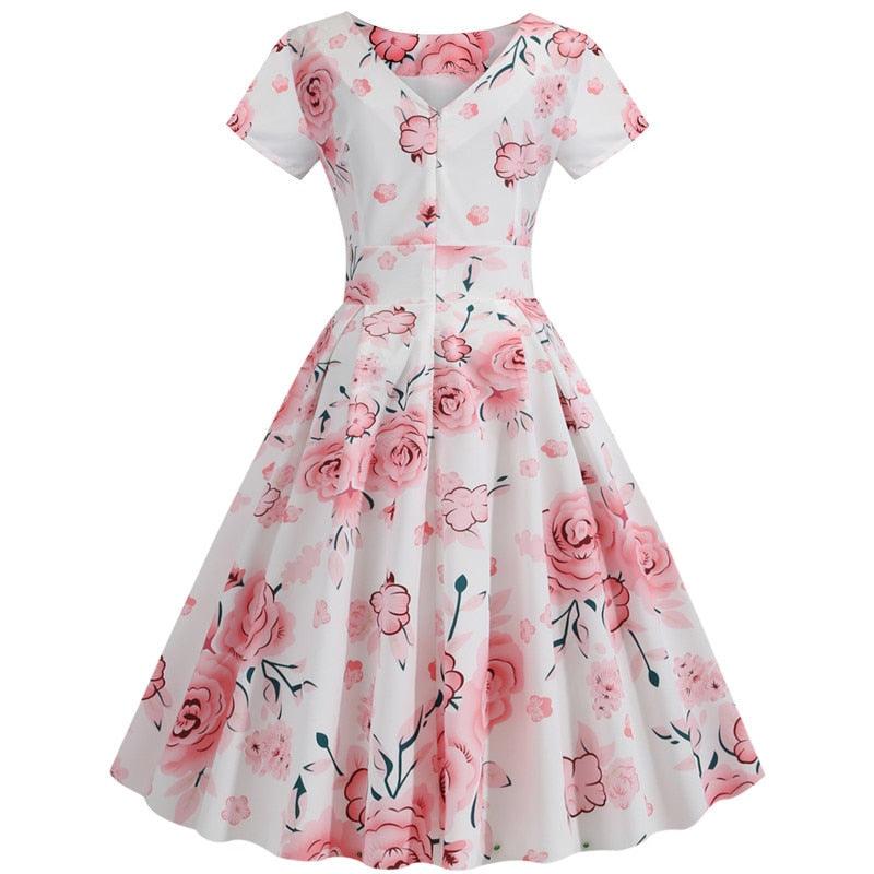 Summer Floral Print Elegant A-line Party Dress - Women Slim White Short Sleeve Swing Clothes - Plus Size Robe (D30)(BWM)