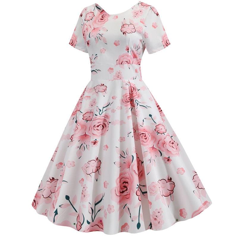 Summer Floral Print Elegant A-line Party Dress - Women Slim White Short Sleeve Swing Clothes - Plus Size Robe (D30)(BWM)