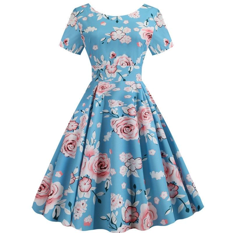 Summer Floral Print Elegant A-line Party Dress - Women Slim White Short Sleeve Swing Clothes - Plus Size Robe (D30)(BWM)