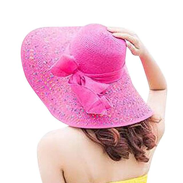 Summer Large Brim Straw Hat - Colorful Floppy Wide Brim Sun Cap - Bowknot Beach Foldable Hats (3U44)