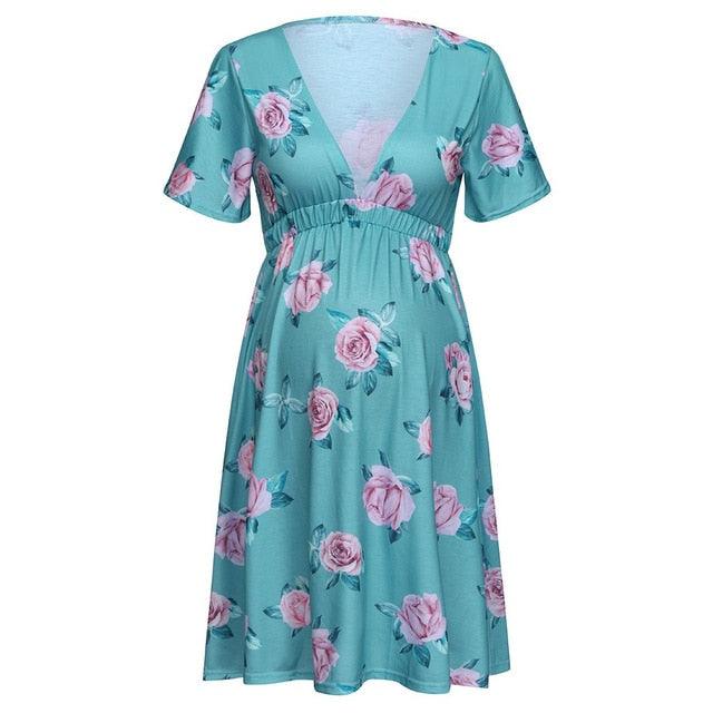 Gorgeous Maternity Dresses -Pregnant Short-sleeved V-neck Floral Printed Chiffon - Ladies Bohemian Clothes Plus Size (5Z1)(Z7)(Z9)(F5)