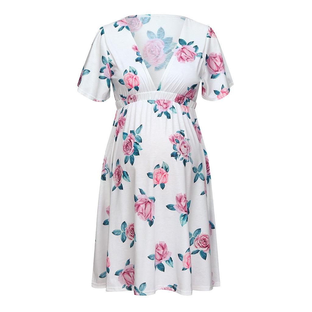 Gorgeous Maternity Dresses -Pregnant Short-sleeved V-neck Floral Printed Chiffon - Ladies Bohemian Clothes Plus Size (5Z1)(Z7)(Z9)(F5)