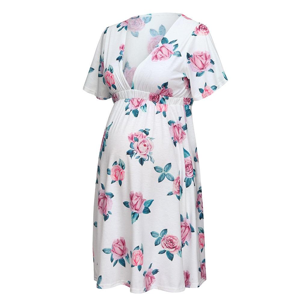 Gorgeous Maternity Dresses -Pregnant Short-sleeved V-neck Floral Printed Chiffon - Ladies Bohemian Clothes Plus Size (5Z1)(Z7)(Z9)(F5)