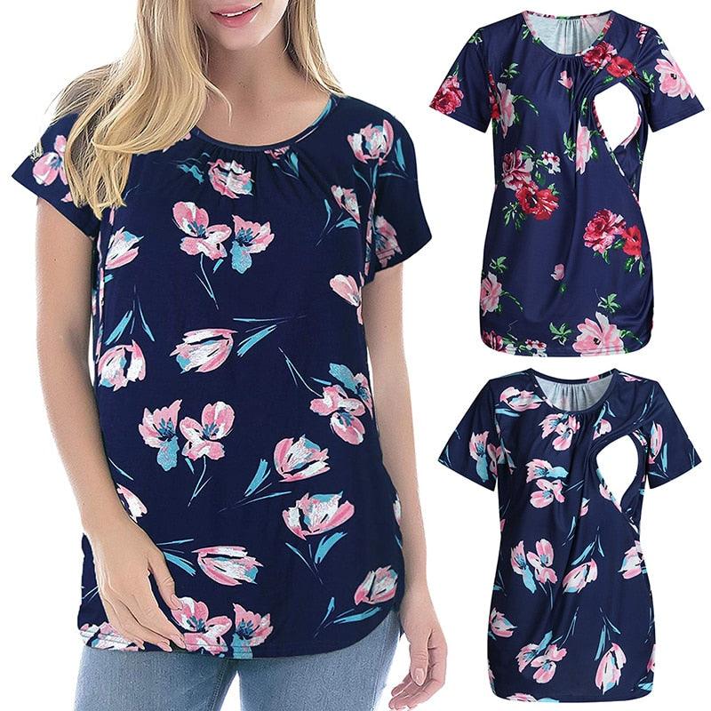 Summer New Maternal Blouse - Flower Color Round Neck Short Sleeve - Breastfeeding Month Casual Feeding Clothes (Z1)