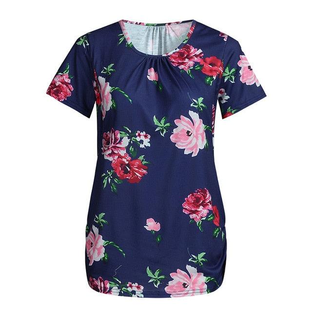 Summer New Maternal Blouse - Flower Color Round Neck Short Sleeve - Breastfeeding Month Casual Feeding Clothes (Z1)