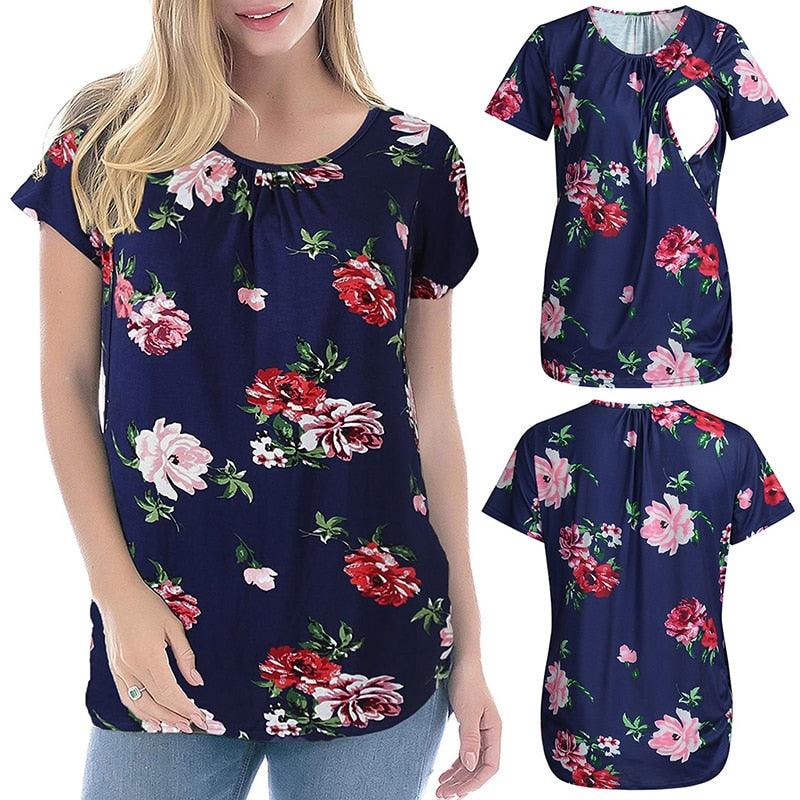 Summer New Maternal Blouse - Flower Color Round Neck Short Sleeve - Breastfeeding Month Casual Feeding Clothes (Z1)