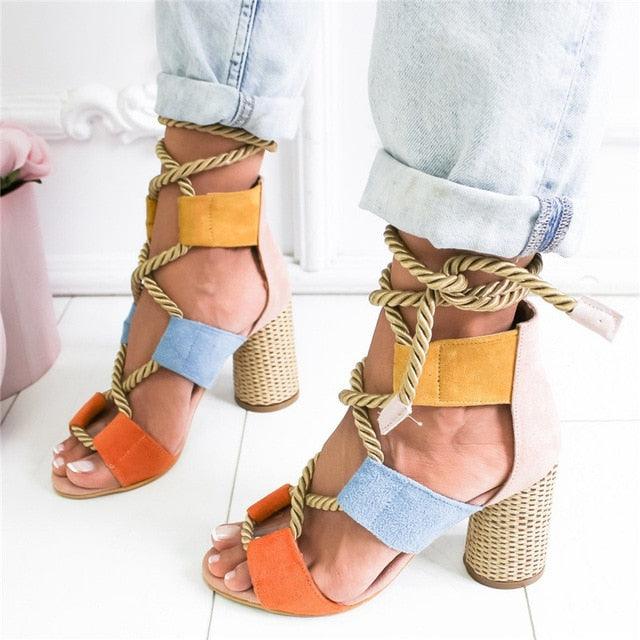 Trending Summer Square Women Sandals 7CM Heel - Lace Up Fashion Platform Footwear (SH2)(SS1)(WO4)